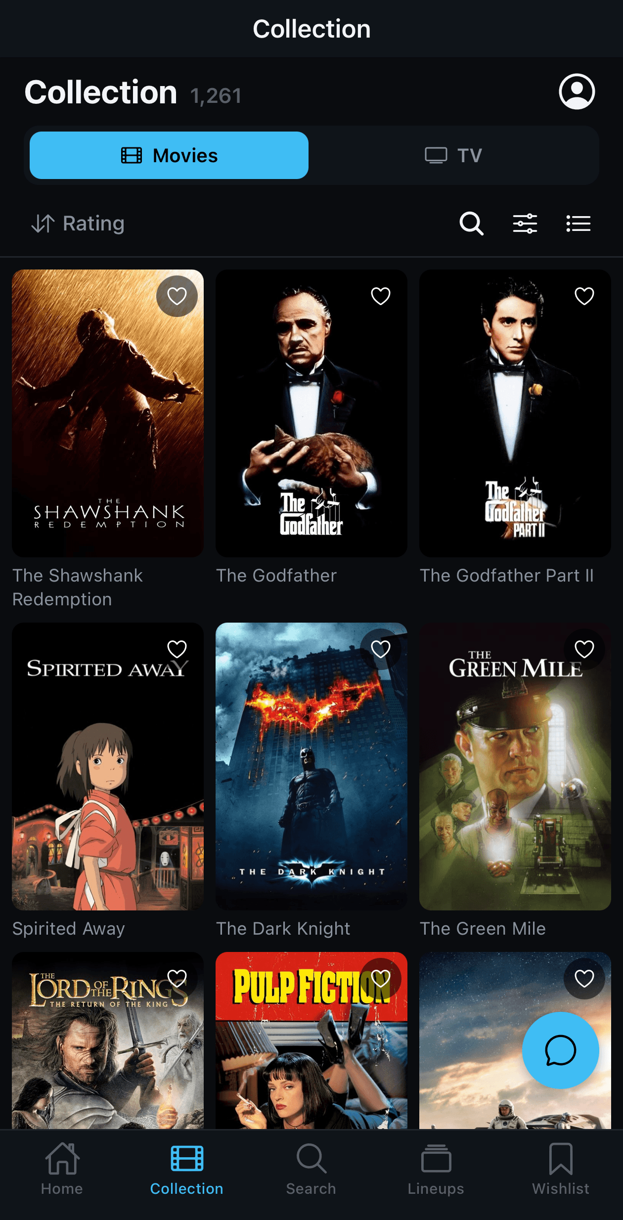 MovieCellar iOS Collection screen showing 1,261 movies with a poster grid: Shawshank Redemption, The Godfather, Spirited Away, The Dark Knight, The Green Mile, Lord of the Rings, Pulp Fiction